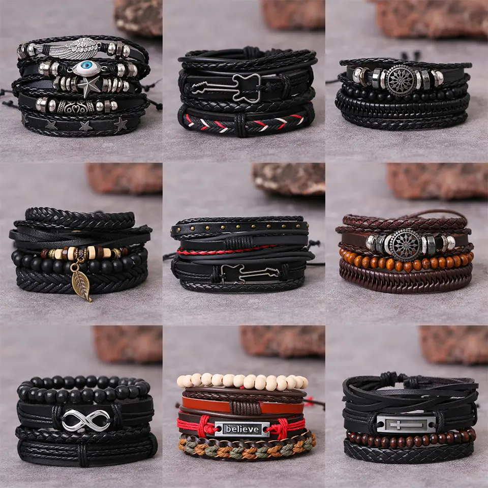 3/4Pcs/ Set Braided Wrap Leather Bracelets for Men Vintage Life Tree Guitar Charm Wood Beads Ethnic Tribal Wristbands
