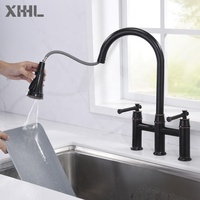 Keran Wastafel Dapur Pegangan Ganda Jembatan Terpasang Dek Hitam Mixer Air Terjun Kuningan