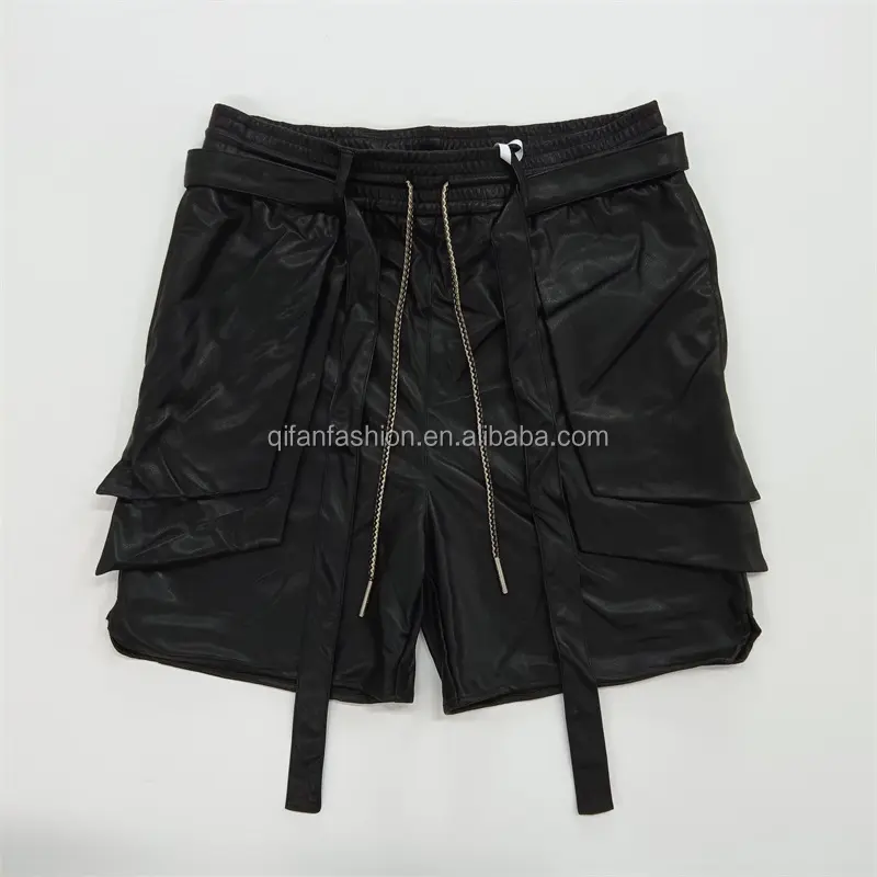 Pantalones cortos cargo de cuero con bolsillos de parche holgados personalizados para hombres