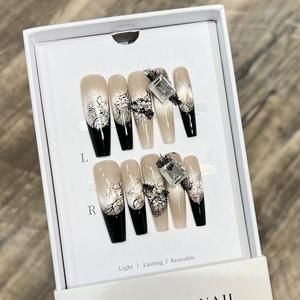 الحجاب الغامض الأسود الفرنسي الزجاج القط العين الفن ملصقا النقي اليدوية الدانتيل فيلم تصميم الأظافر للأصابع - Product Image 1