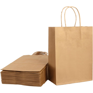 Sac en papier kraft recyclé brun imprimé avec logo personnalisé pour la vente à emporter d'aliments, emballage de pâtisserie, emballage de biscuits, sac en papier kraft avec poignées - Product Image 1