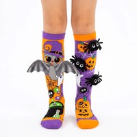 Chaussettes fantaisie 3D pour enfants, thème Halloween, motifs chauve-souris orange et araignée en peluche violette, imprimés citrouille, crâne et chaudron assortis, pour fête