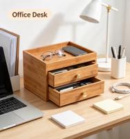 Boîte de rangement en bambou carbonisé couleur noyer foncé, plateau supérieur pour organisateur de bureau, organiseur de tiroir de maquillage pour coiffeuse et bureau