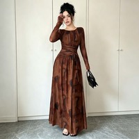 Robe longue élégante à manches longues pour femme, imprimé abstrait, taille nouée en maille, longueur ras du sol, robe de soirée pour dames, vente en gros