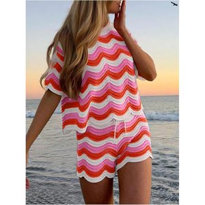 Ensemble de plage 2 pièces FOXA pour femme : haut en crochet à manches courtes et short à taille élastique, style bohème - Product Image 2