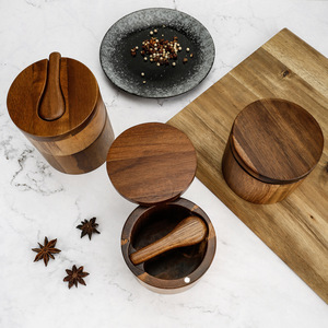 Pot à sel en bois d'acacia avec couvercle et cuillère, organisateur de rangement simple couche pour épices, idéal pour le dropshipping Shopify - Product Image 5