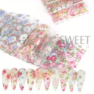 Lot de 10 autocollants de transfert pour nail art, motifs floraux roses et ciel étoilé, décorations pour manucure de mariage et d'été - Product Image 2