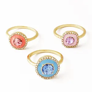 Fashion Colored Enamel round crystal diamond customized 18k gold plated set Rings for Women