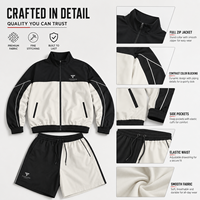 Conjunto Deportivo de Dos Piezas para Hombre con Bloques de Color en Contraste, Chaqueta con Cremallera y Cuello Alto, Pantalones Cortos, Bolsillos Inclinados, Diseño Asimétrico