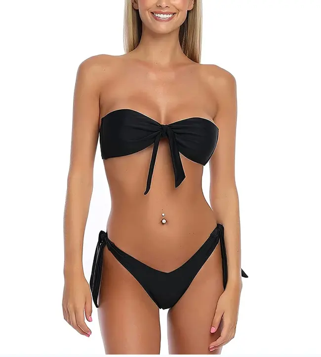 Women's Bikini Set Sexy Cheeky Brazilian Bikini Bottom with Retro Bandeau Swimsuit 2 Piece