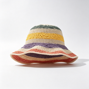 Sombrero de Sol de Ganchillo Hecho a Mano con Rayas de Arcoíris Coloridas, Unisex, Tejido Calado, Estilo Pescador, Protección UV, para Uso Diario al Aire Libre - Product Image 2