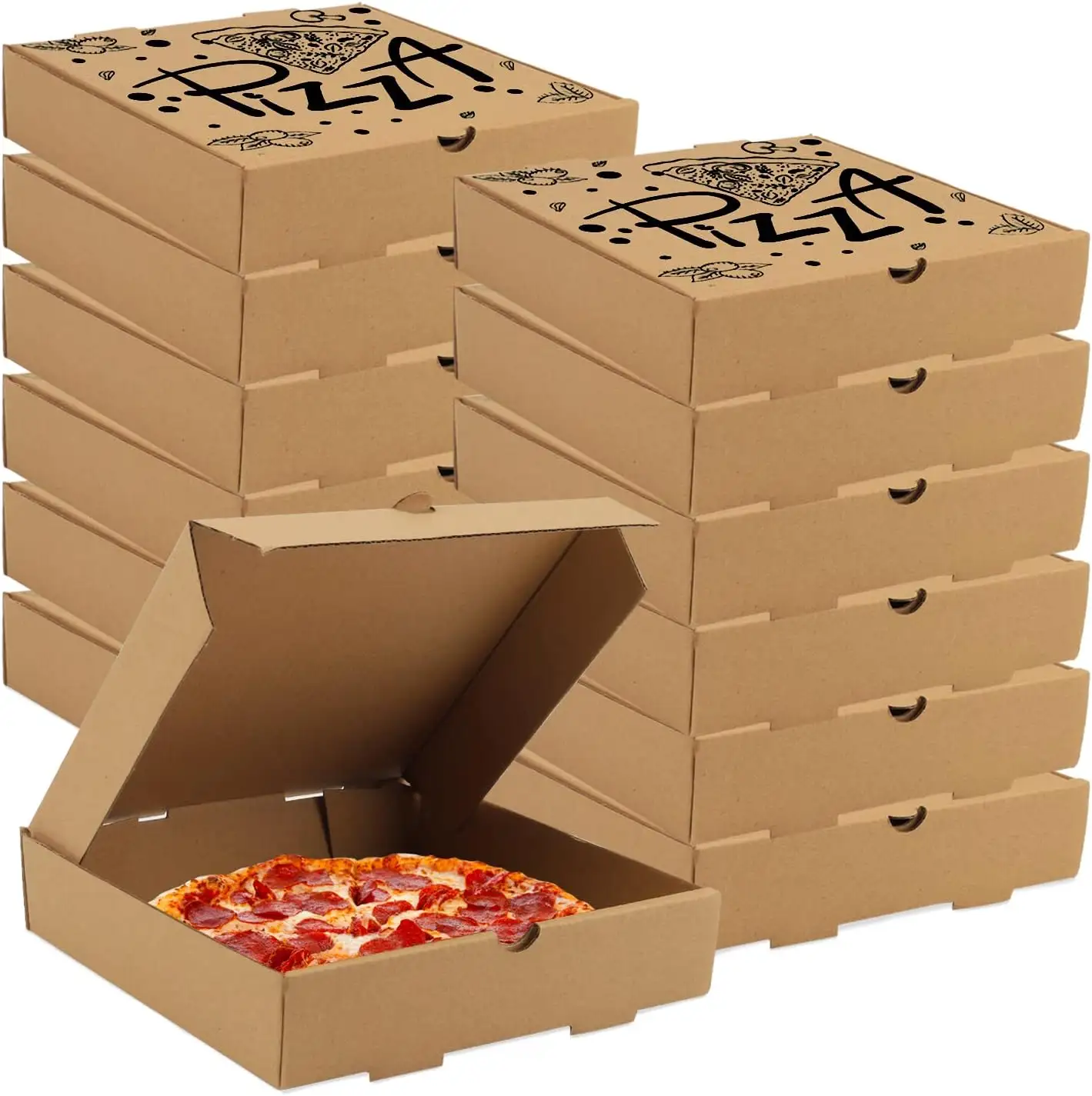 Caixas de pizza onduladas Kraft pretas, recipientes para viagem de papelão plano para pizza, bolo, biscoitos, alimentos e embalagens de presentes