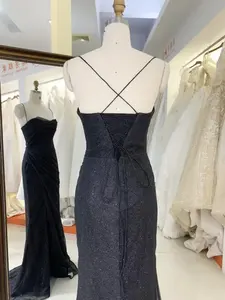 Черный Золотой корсет без рукавов Блестящий тюль на шнуровке вручную плиссированный с Боковым Разрезом платья для выпускного макси - Product Image 2