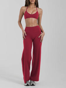 Lot de 2 pièces de vêtements de sport et de yoga à col halter en V profond, pantalon évasé taille haute, séchage rapide - Product Image 4