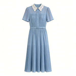 <span class=keywords><strong>Abito</strong></span> Estivo Casual Traspirante con Colletto in Pizzo, in Poliestere, con Busto Plissettato, Orlo Svasato, Vita Stretta, Stile Ampio e Svasato, Effetto Snellente - Product Image 1