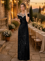 Robe de soirée noire à sequins, col illusion, garniture en perles et cristaux, manches courtes, coupe trapèze, longueur ras du sol, robe de soirée formelle, vente en gros