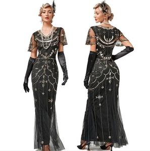 Abito da Donna Lungo da Sera Stile Vintage Anni '20 Grande Gatsby Flapper con Scollo a V Paillettes Perline e Ricami su Rete Traspirante - Product Image 4