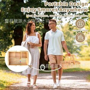 Caja de almacenamiento de aperitivos de madera con tapa y compartimentos, cesta de picnic portátil para exteriores, diseño retráctil, asas plegables - Product Image 4