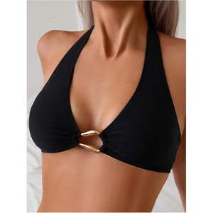 Top de Bikini Halter Personalizado para Mujer con Anillas y Lazos en la Espalda, Top de Baño Elástico de Spandex y Nylon para Vacaciones de Verano - Product Image 1