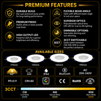 Plafonnier encastré LED en aluminium moulé sous pression, 3 températures de couleur commutables, IP44, dimmable, Bluetooth en option, pour projets commerciaux et hôtels