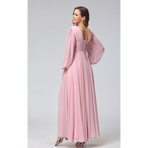 فساتين إشبينة العروس بأكمام طويلة برقبة حرف V طويلة بفتحة مطوي من الشيفون على شكل حرف A-line فساتين حفلات رسمية بجيوب YO090 - Product Image 2