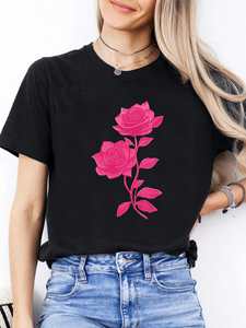 T-Shirt da Donna per San Valentino con Collo Tondo, Motivo Rosa Rosa, Moda Casual, Manica Corta, 100% Cotone Jersey, Primavera Estate - Product Image 1