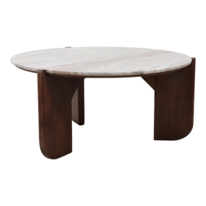 Tavolino da Caffè Rotondo Moderno con Base in Legno di Mango e Piano in Marmo, Arredamento per Soggiorno e Uso in Patio - Product Image 2