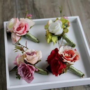 Boutonniere all'ingrosso per matrimonio, stile europeo, fiori artificiali di seta fatti a mano, <span class=keywords><strong>rose</strong></span> per sposo, sposa, <span class=keywords><strong>VIP</strong></span>, spiegaletti, spille da risvolto, da polso - Product Image 2