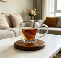 Doppelwandige Borosilikatglas-Kaffeetasse, Transparente Isolierte Teetasse mit Henkel und Holzuntersetzer für Zuhause und Büro, Latte, Cappuccino
