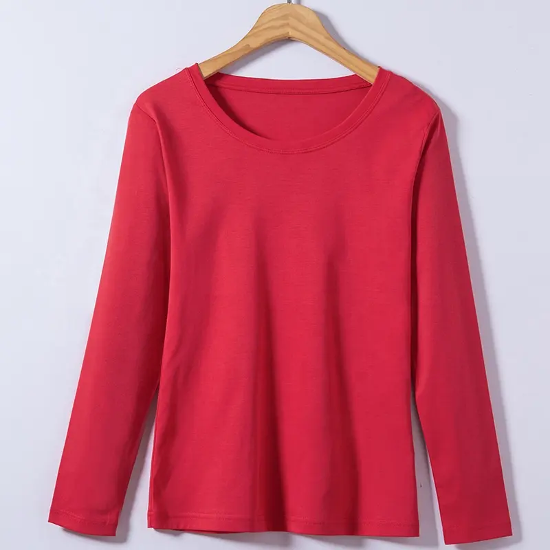 2022 Stilvolles atmungsaktives Damen-Sportswear-bedrucktes Frühlings-Langarm-T-Shirt rotes T-Shirt aus 100% <span class=keywords><strong>Baumwolle</strong></span>
