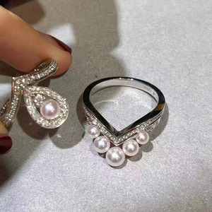 S925 <b>Silver</b> Aurora Freshwater Pearl Stackable <b>Ring</b>, 3-5mm Flawless Round Natural Pearl Paved Crystal V Shape <b>Stacking</b> <b>Ring</b> - Product Image 3