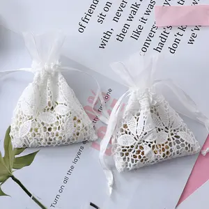 10x14cm Drawstring Pouch White Lace Candy Gift Bag Party Wedding Favor Luxury Organza Embroidery Packaging Bags