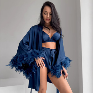 女式缎面睡衣三件套羽毛袖口睡袍和配套内衣套装 - Product Image 1