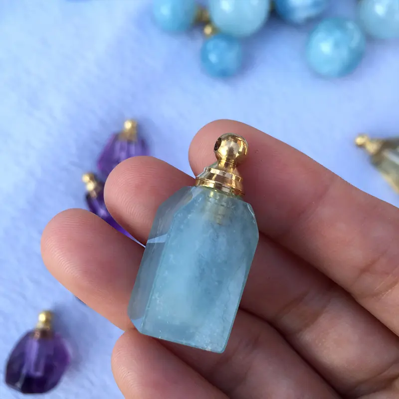 Wholesale aquamarine gemstone essential oil bottle crystal perfume bottle for necklace pendant