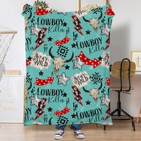 Selimut Lembut Flanel Motif Kaktus Turquoise Gaya Koboi Barat dengan Sublimasi Kustom