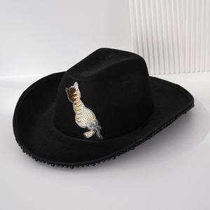 Nouveauté Chapeau à large bord en velours noir pour femmes avec patch chat en paillettes et bordure perlée Toutes saisons Mode de festival - Product Image 1