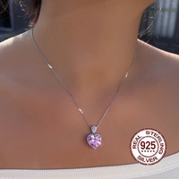 Romantische 925 Sterling Zilver 8A Top Zirkoon Sprankelende Roze Hartvormige Hangertjesketting voor Vrouwen Valentijnsdag Cadeau