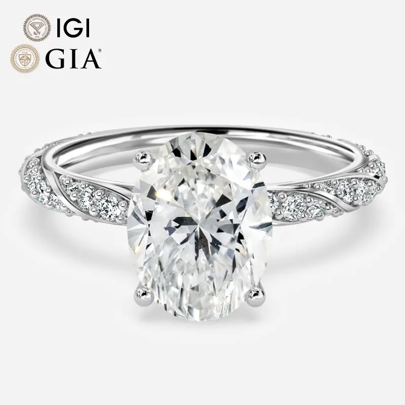 Gia IGI certificado Cvd Lab Grown creado diamante oro sólido corte ovalado Pave Twist Band anillo de compromiso joyería de oro blanco para mujeres