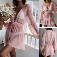 Robe de plage pour femme à pois suisses, manches longues bouffantes, col en V profond, taille à cordon, parfaite pour les vacances à la plage