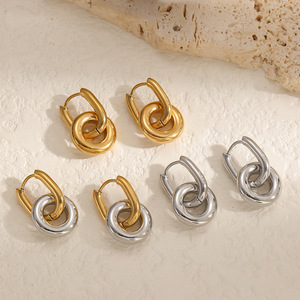 Pendientes minimalistas de doble aro de acero inoxidable, diseño geométrico de anillo circular para mujer, modernos y versátiles, oro de 18k - Product Image 1
