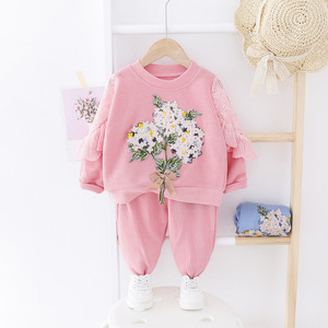 Vêtements pour filles en tissu peigné à fleurs décontractés printemps-automne 2022, ensemble deux pièces en dentelle brodée pour bébés de 1 à 5 ans - Product Image 5