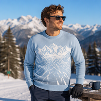 Pull jacquard personnalisé pour homme à col rond, motif montagne enneigée et glacier, paysage hivernal, vente en gros de tricots de marque