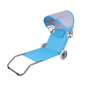 Chaise longue de plage pliable 2-en-1 convertible pour camping en plein air, <span class=keywords><strong>chariot</strong></span> roulant portable avec roues et auvent pare-soleil - Product Image 4
