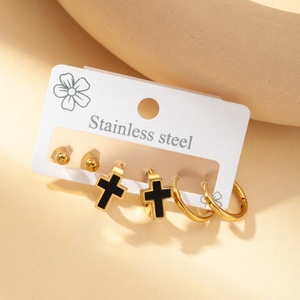 Nouvelles boucles <span class=keywords><strong>d</strong></span>'oreilles créoles plaquées or pour femmes, <span class=keywords><strong>en</strong></span> acier inoxydable, motifs étoile, <span class=keywords><strong>croix</strong></span> et fleur, lot <span class=keywords><strong>de</strong></span> 3 paires - Product Image 3