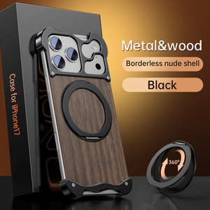 <span class=keywords><strong>Funda</strong></span> Metálica Premium de Madera y Aleación de Aluminio Hueca, sin Marco, Resistente a Golpes <span class=keywords><strong>para</strong></span> <span class=keywords><strong>iPhone</strong></span> 15 16 17 Pro Max con Soporte Magnético Giratorio - Product Image 4