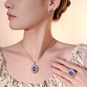 Parure de bijoux vintage écologique en cuivre et zircon violet plaqué or, avec collier et boucles d'oreilles en zircon cubique 10*14-6*8mm pour femme - Product Image 3