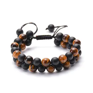 Bracelet d'amitié en macramé tressé à double couche avec perles en pierre naturelle de 8mm pour homme