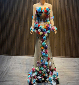Vestido de Noche de Alta Costura con Flores 3D, Transparente, Estilo Sirena, Hecho a Mano, con Mangas Largas y Malla Transparente - Product Image 1