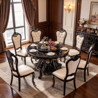 Luxuriöses Europäisches Rundes Massivholz-Esszimmer-Set mit Schwarzer Marmorplatte und Drehbarem Serviertablett, Cremefarbene PU-Lederstühle für Villen, Großhandel