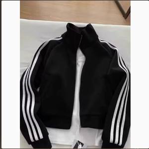 <b>Women's</b> <b>Navy</b> Blue Stand Collar Zip up Long Sleeve Striped Polyester Track <b>Jacket</b> Sporty Coat - Product Image 2